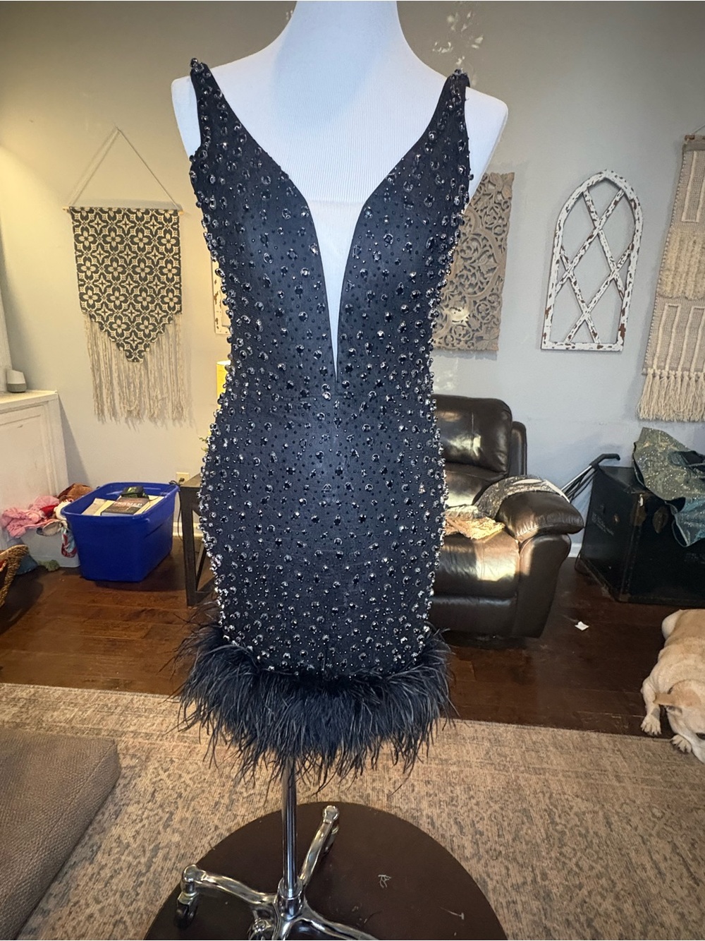 NWOT Sophia Thomas Black Beaded Plunge Cocktail Dress with Feather Hem